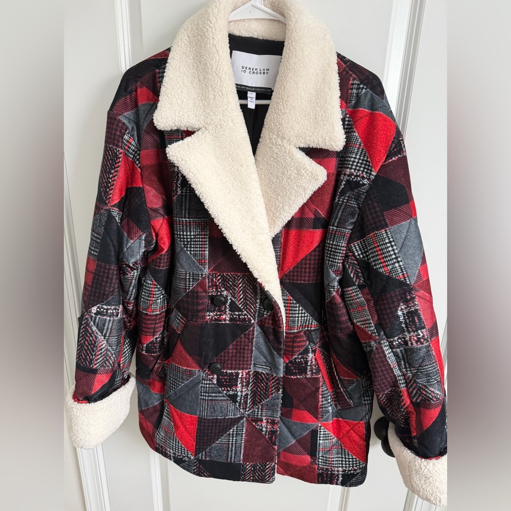 Derek Lam 10 Crosby Red and Black Plaid Teddy Jacket